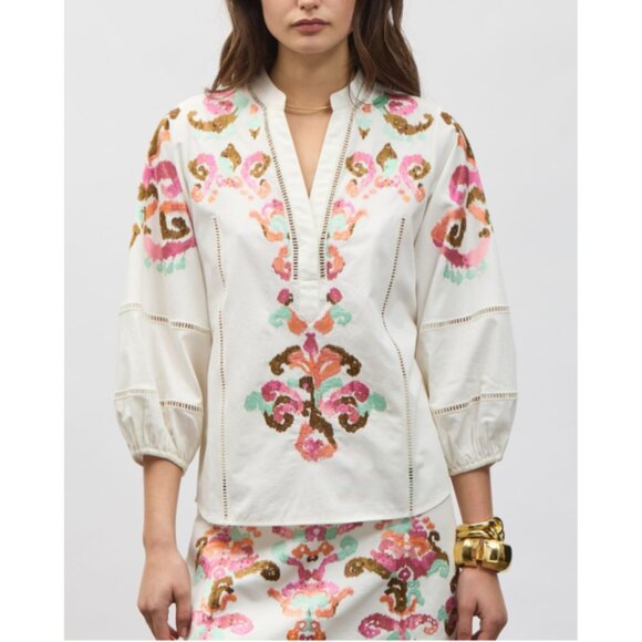 NWT NEWFigue Rylie Embroidered Peasant Top White Multi Size Large